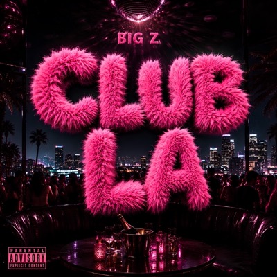 Club LA cover art: the words CLUB LA in bright pink fur lettering under a disco ball, above the Los Angeles skyline at night