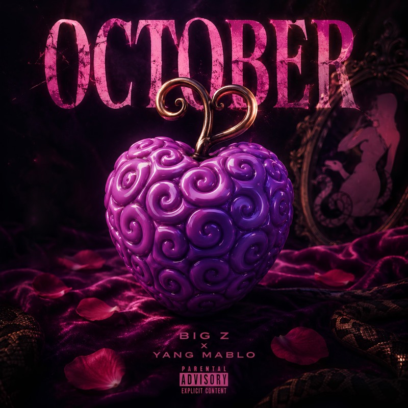 October cover art · a glossy violet heart-shaped fruit on dark velvet, surrounded by rose petals and a serpent
