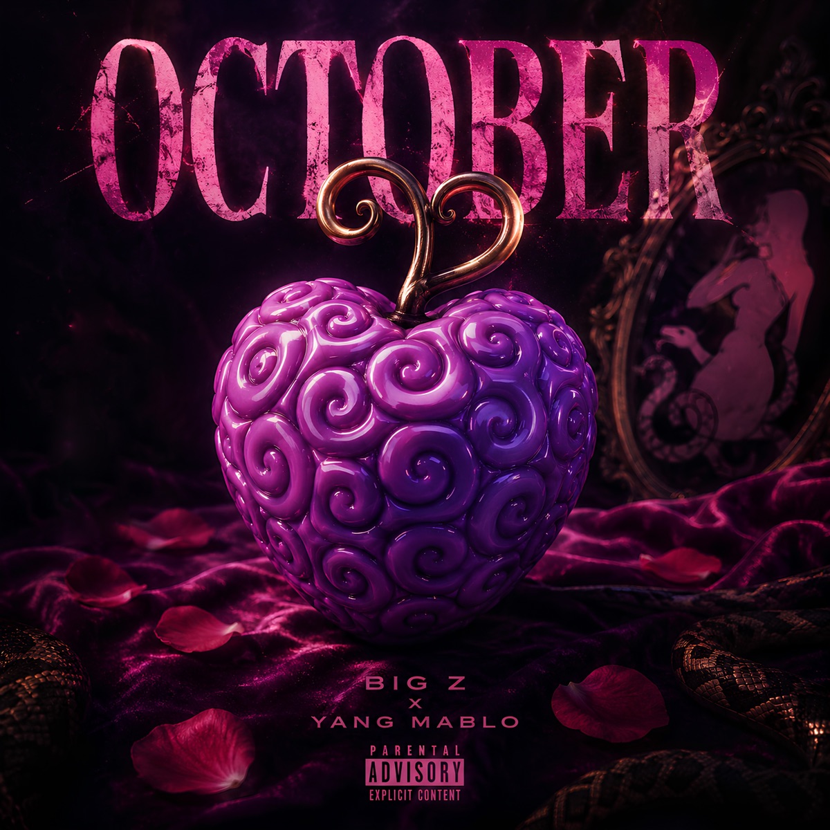 October cover art · a glossy violet heart-shaped fruit on dark velvet, surrounded by rose petals and a serpent
