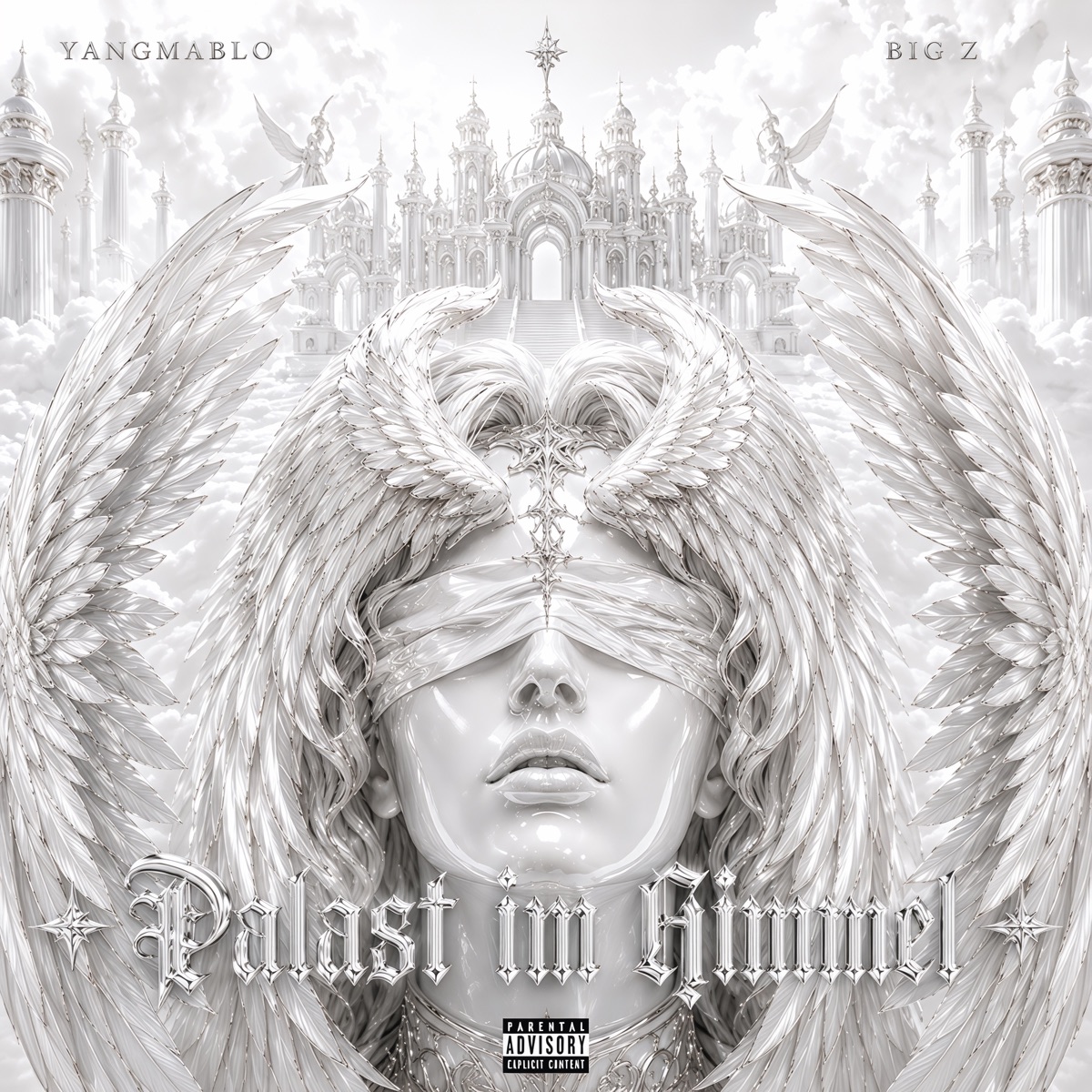 Palast im Himmel cover art · a chrome-white blindfolded angel before a palace in the clouds