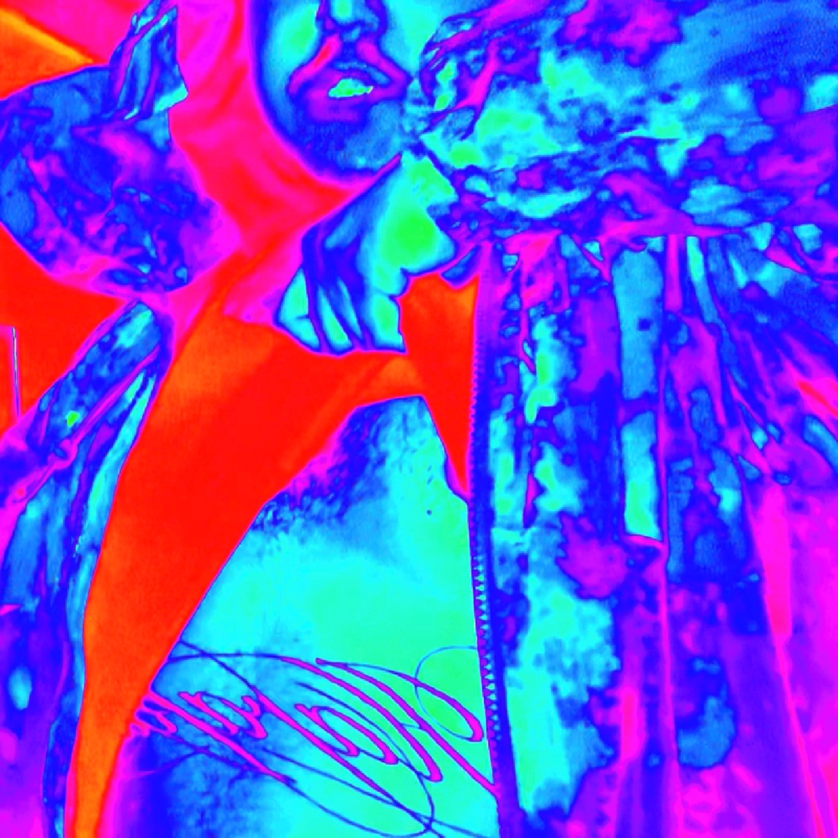 Snowbunnies cover art · a portrait burned through a thermal lens in electric blue, magenta and orange